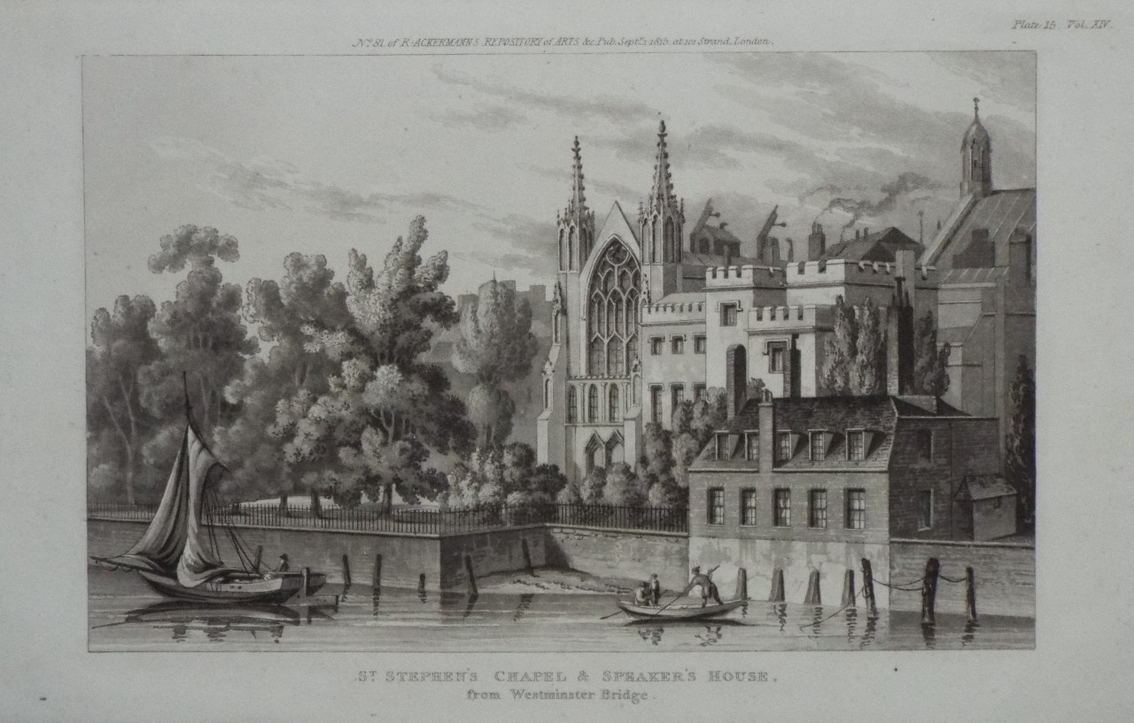 Aquatint - St. Stephen's Chapel & Speaker's House, from Westminster Bridge.