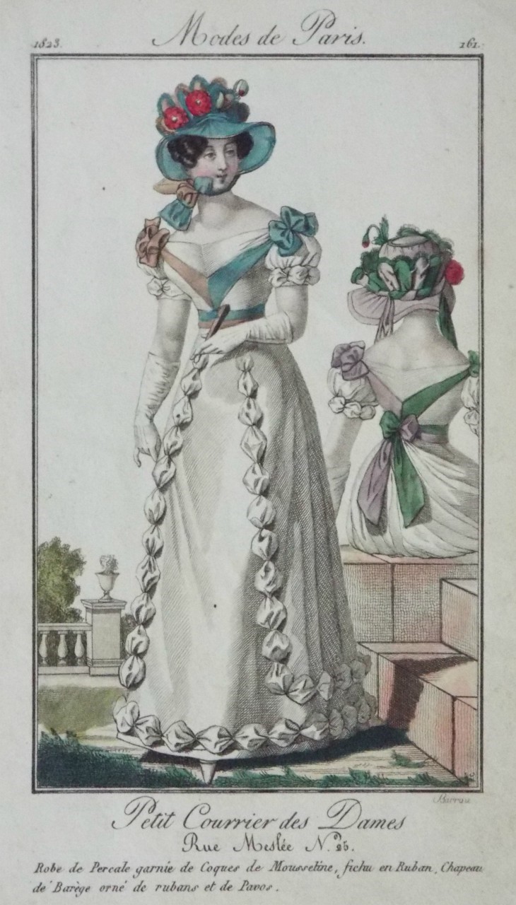 Print - Robe de Percale garnie de Coques de Mousseline, fichu en Ruban, Chapeau de Barege orne et de Pavos.