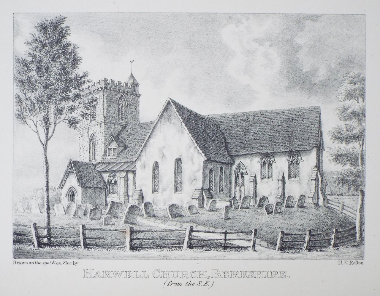Zinc Lithograph - Harwell Church, Berkshire. (from the S.E.) - Relton