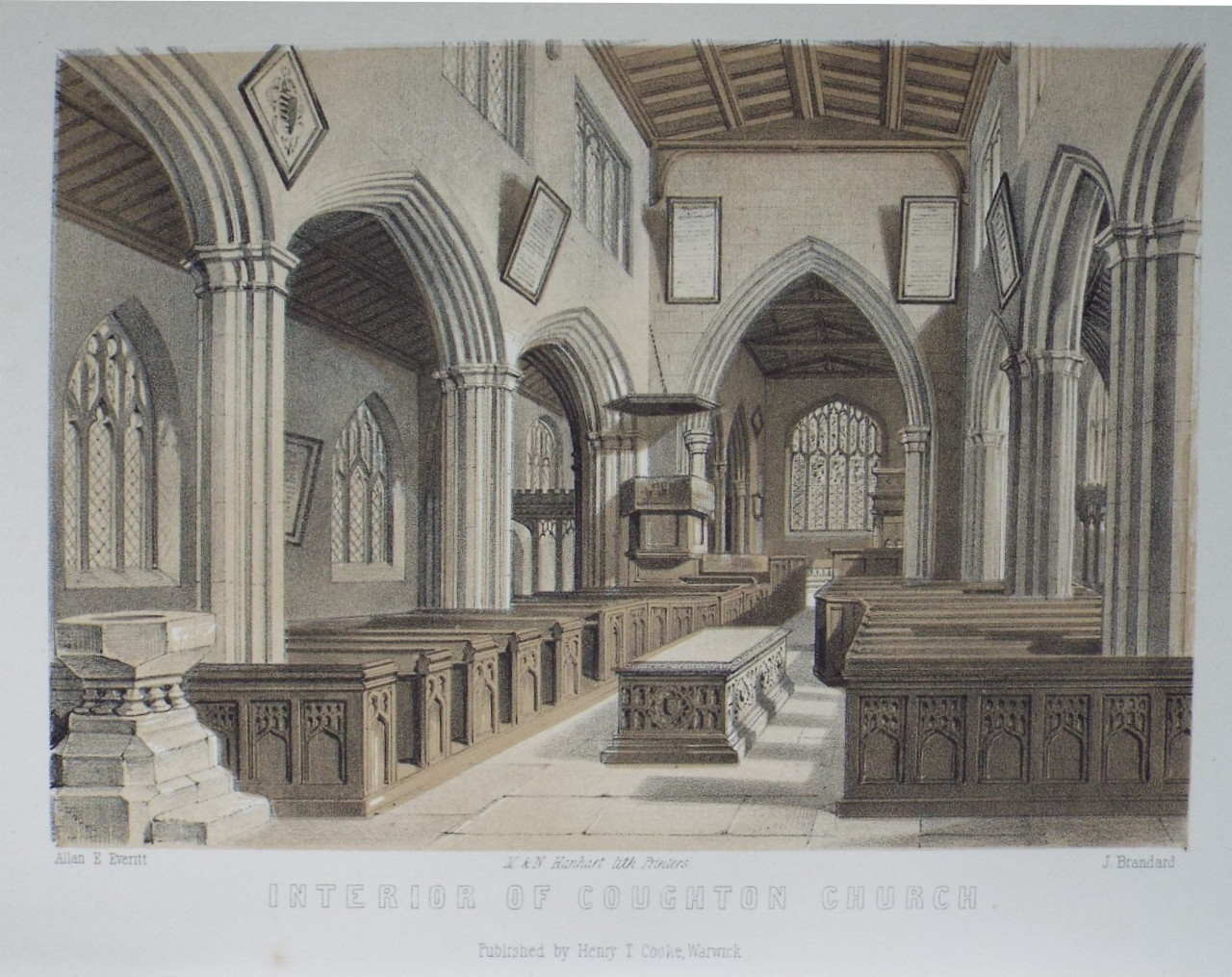 Lithograph - Interior of Coughton Church. - Brandard
