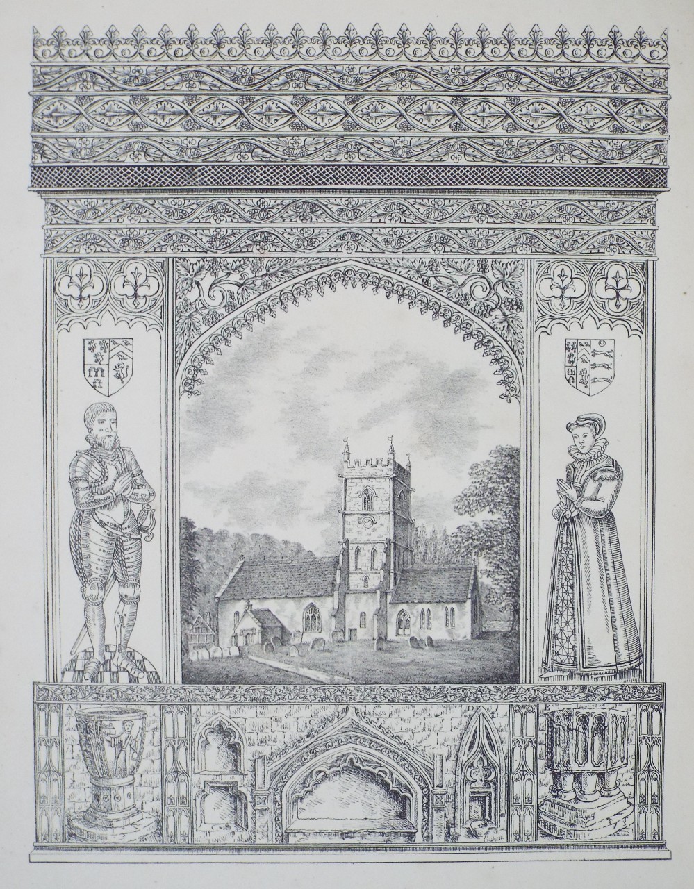 Zinc Lithograph - South View of Beckford Church, Gloucestershire etc - Relton