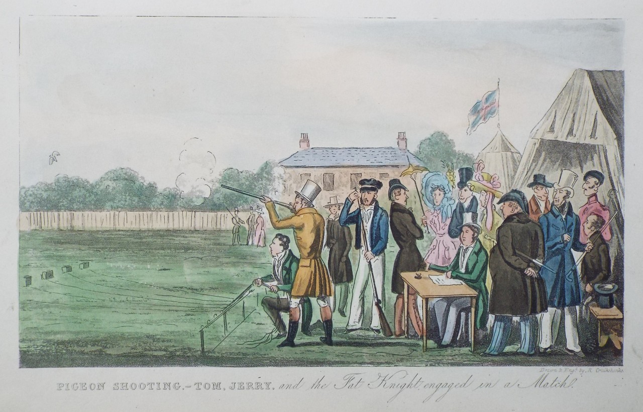 Aquatint - Pigeon Shooting. - Tom, Jerry, and the Fat Knight in a Match - Cruikshank