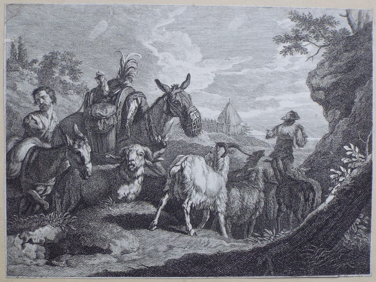 Print - Two cows and three goats outside a farm, with peasant man sitting in the background - Guelard