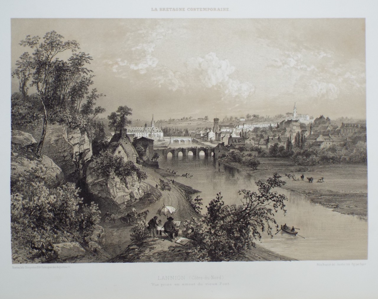 Lithograph - Lannion. (Cotes-du-Nord) Vue prise en amont du vieux Pont. - 