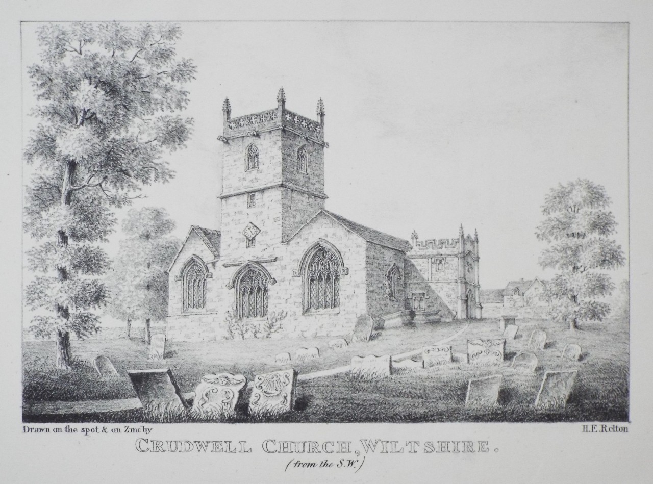 Zinc Lithograph - Crudwell Church, Wiltshire. (from the S.W.) - Relton