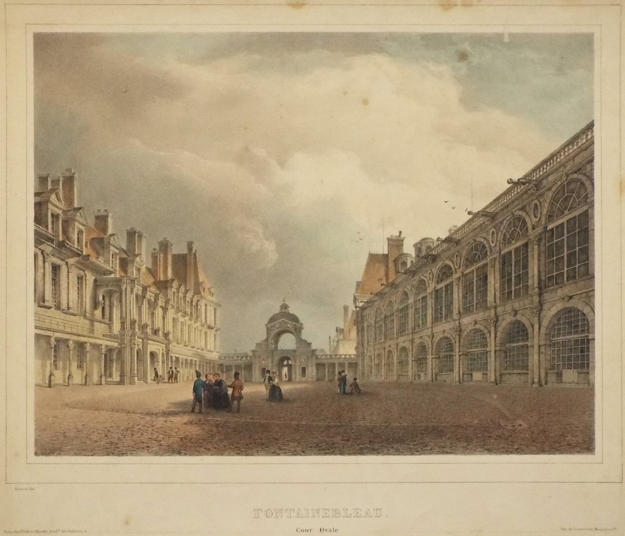 Lithograph - Fontainebleau. Cour Ovale. - Lemercier,