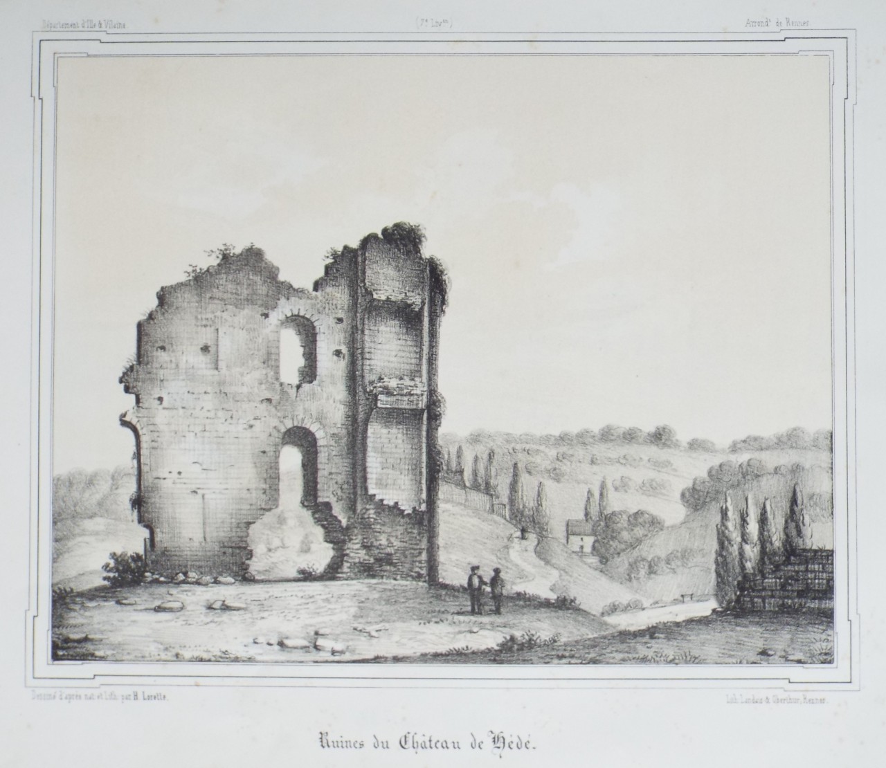 Lithograph - Ruines du Chateau de Hede. - Lorette