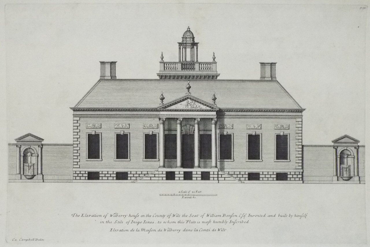 Print - The Elevation of Wilberry house in the County of Wilt the Seat of William Benson Esqr. Invented and built by himself in the Stile of Inigo Jones, to whom this plate is most humbly Inscribed.
