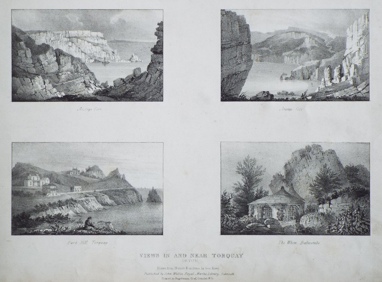Lithograph - Views in and near Torquay, Devon. Anstey's Cove, Ansley Cove, Park Hill Torquay, The Whim Babecombe - Rowe