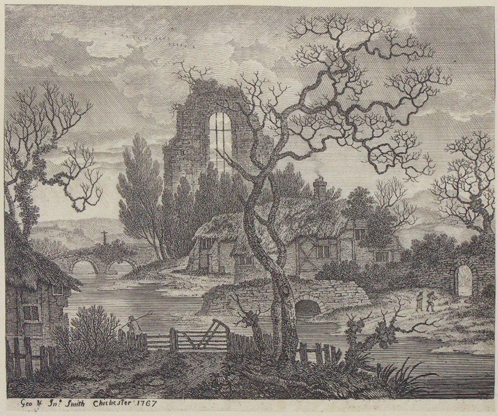 Print - (Winter landscape with ruin, bridge and cottage) - Smith