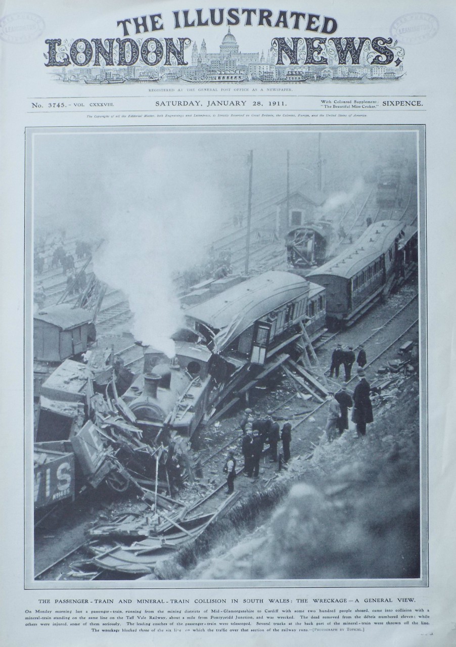 Photo-lithograph - The Passenger-Train and Mineral-Train Collision in South Wales: The Wreckage - a General View.