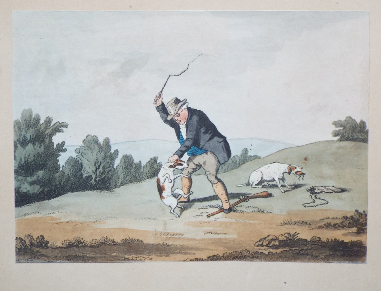 Aquatint - Sportsman whipping dog; second dog with bird in mouth; gun on ground. - Woodman