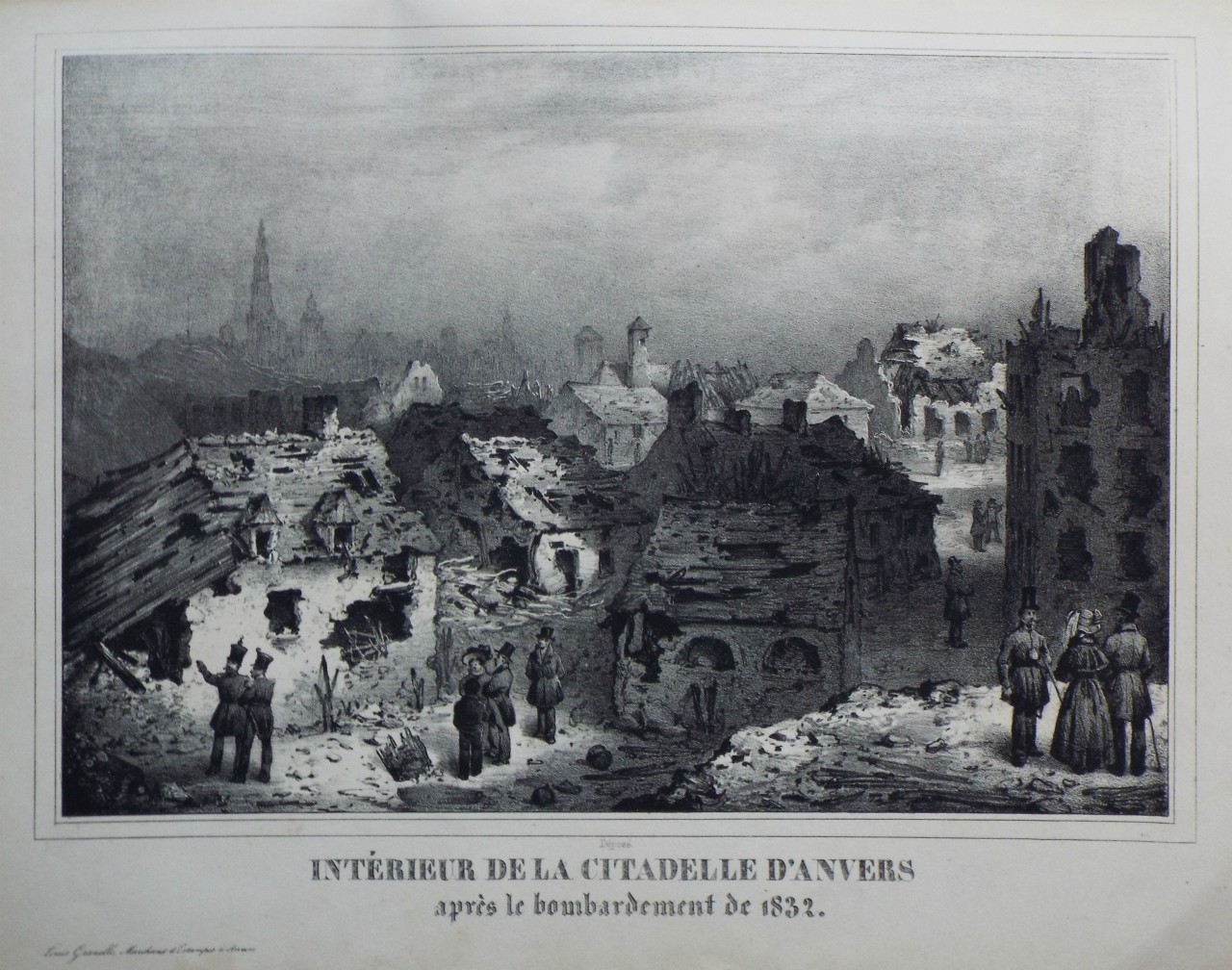 Lithograph - Interieure de la Citadelle d'Anvers apres le bombardement de 1832.