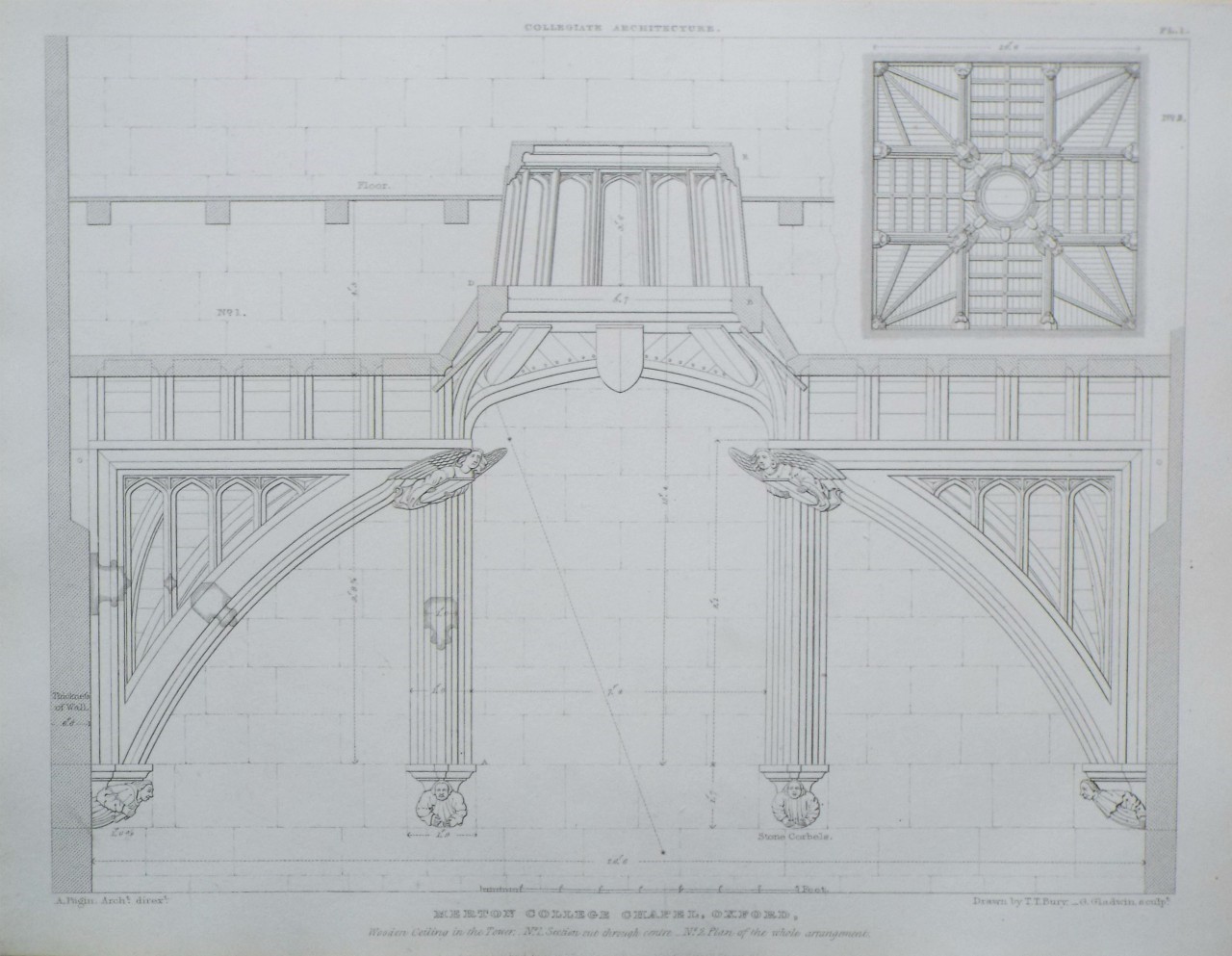 Print - Merton College Chapel, Oxford, Wooden Ceiling in the Tower. No.1. Section cut through centre. No.2. Plan of the whole arrangement. - Gladwyn