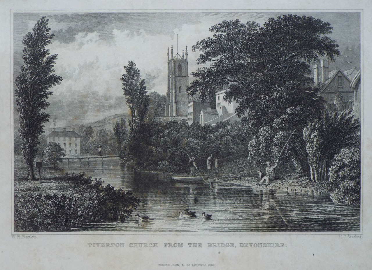 Print - Tiverton Church from the Bridge, Devon. - Starling