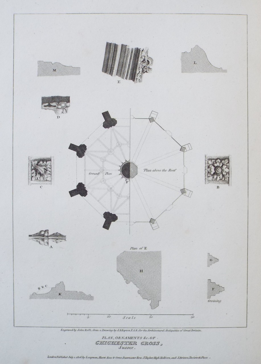 Print - Plan, Ornaments &c. of Chichester Cross, Sussex. - Roffe