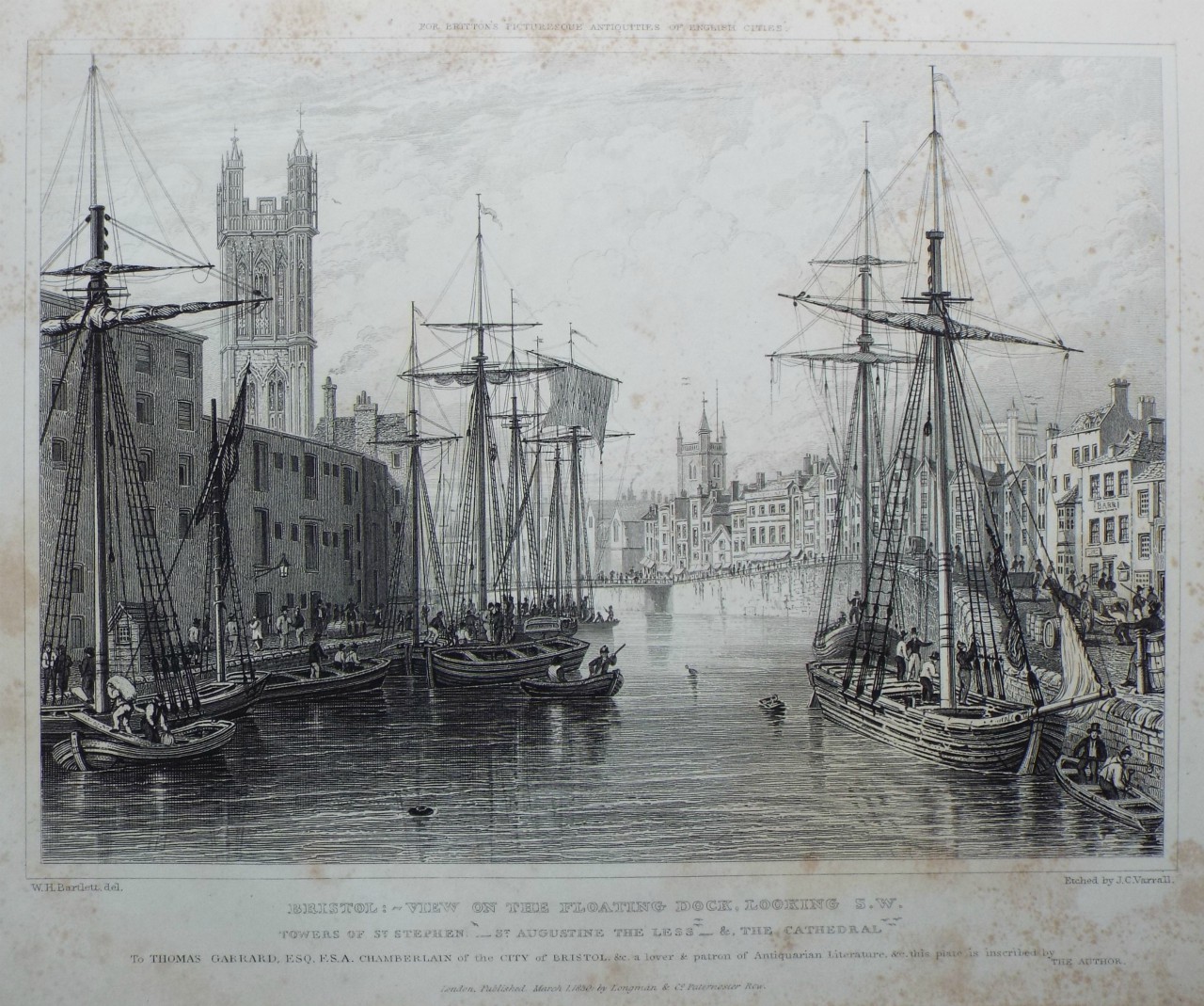 Print - Bristol: View of the Floating Dock, looking S.W. Towers of St. Stephen, St. Augustine the Less & the Cathedral. - Varrall