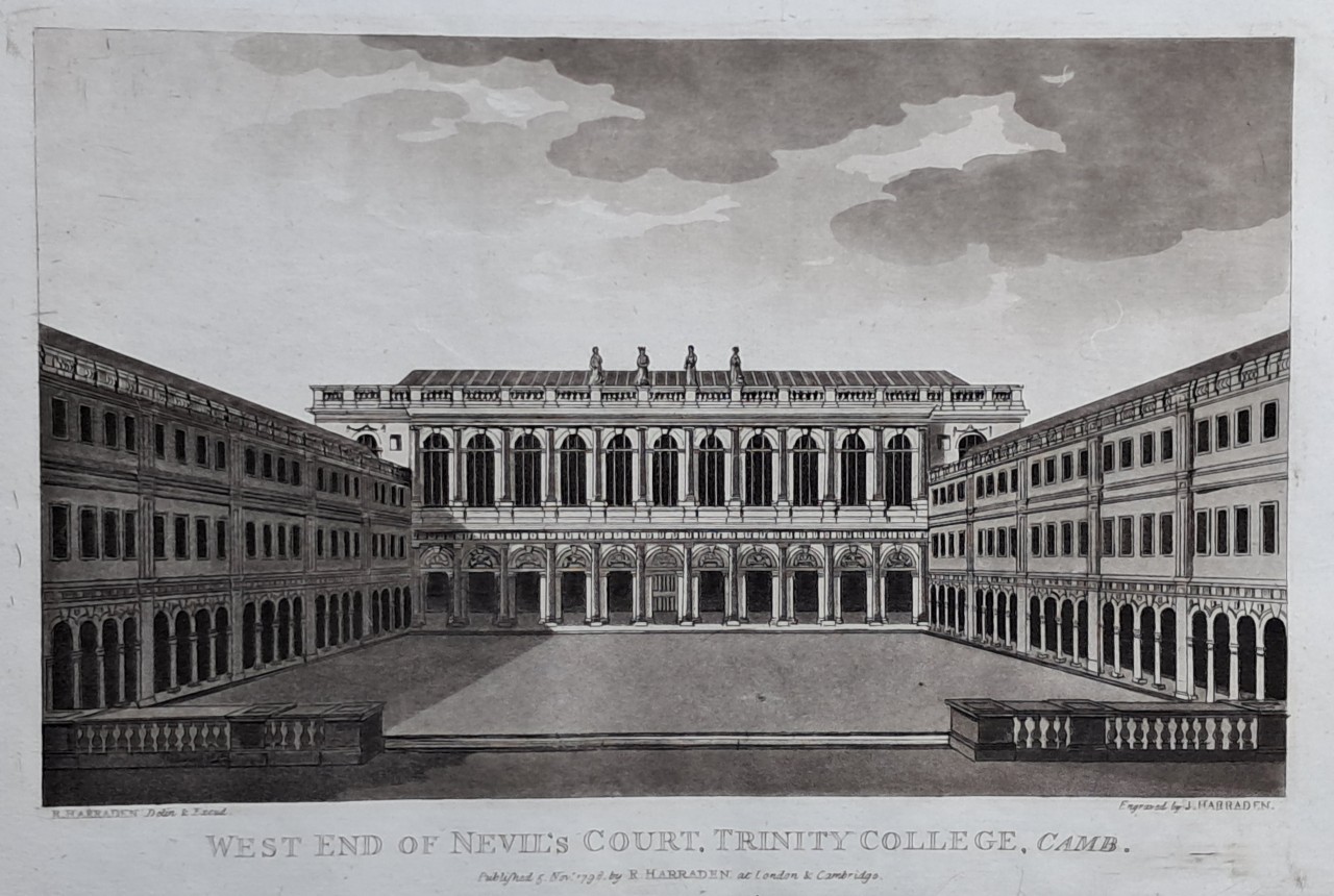 Aquatint - West End of Nevil's Court, Trinity College, Camb. - Harraden