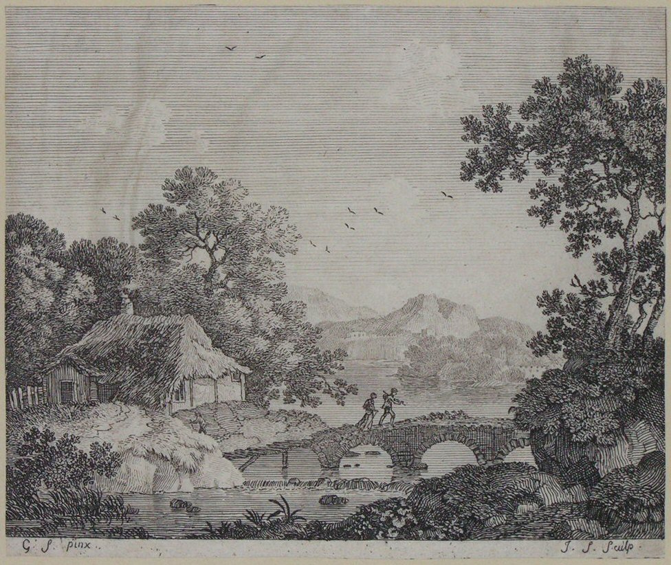 Print - (Lansdcape with cottage and stone bridge with two walkers) - Smith