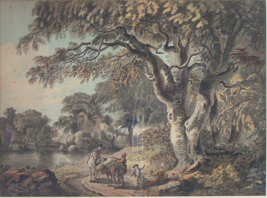 Watercolour - Arcadian woodland landscape with figures and a packhorse