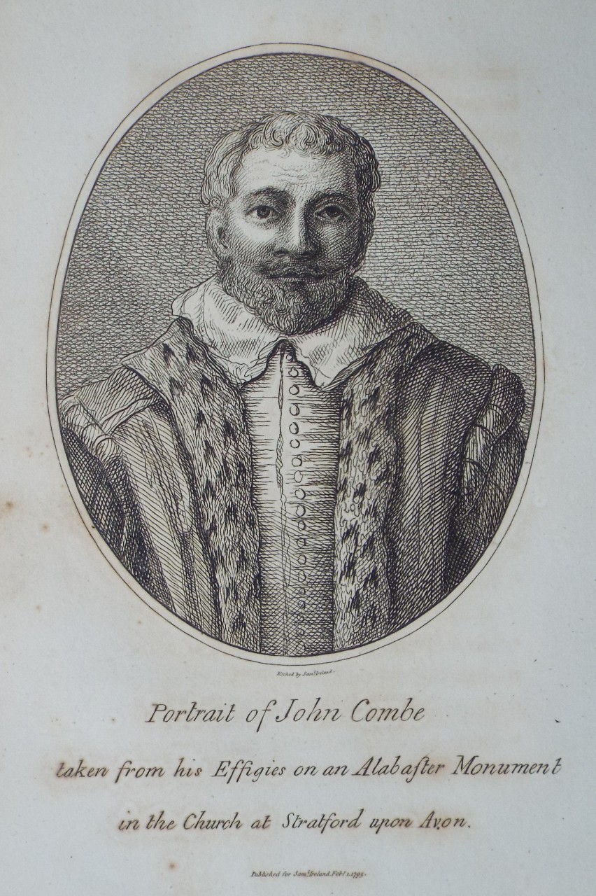 Etching - Portrait of John Combe taken from his Effigies on an Alabaster Monument in the Church at Stratfordupon Avon. - Ireland