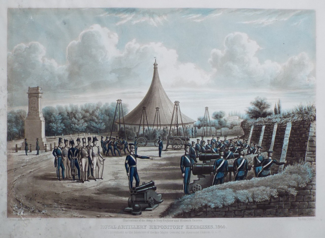 Aquatint - Royal Artillery Repository Exercises 1844. And Monument to the Memory of the late Major General Sir Alexander Dickson G.C.B. - Grant