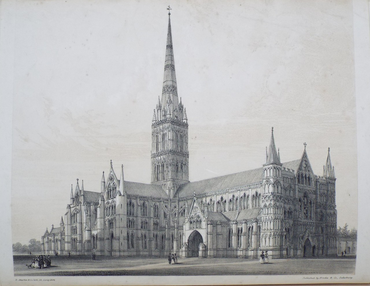 Lithograph - North West View of Salisbury Cathedral.