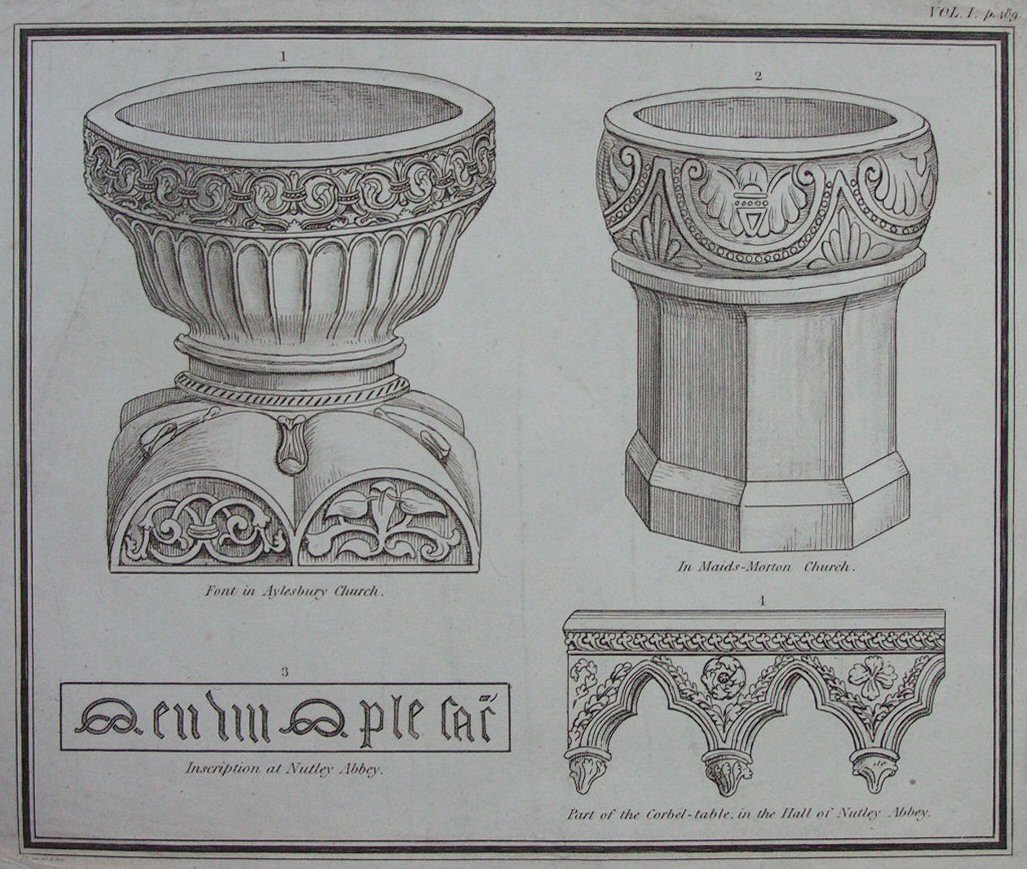 Print - 1 Font in Aylesbury Church, 2 In Maids-Norton Church, 3 Inscription in Nettley Abbey, 4 Part of the Corbel-table in the Hall of Netley Abbey