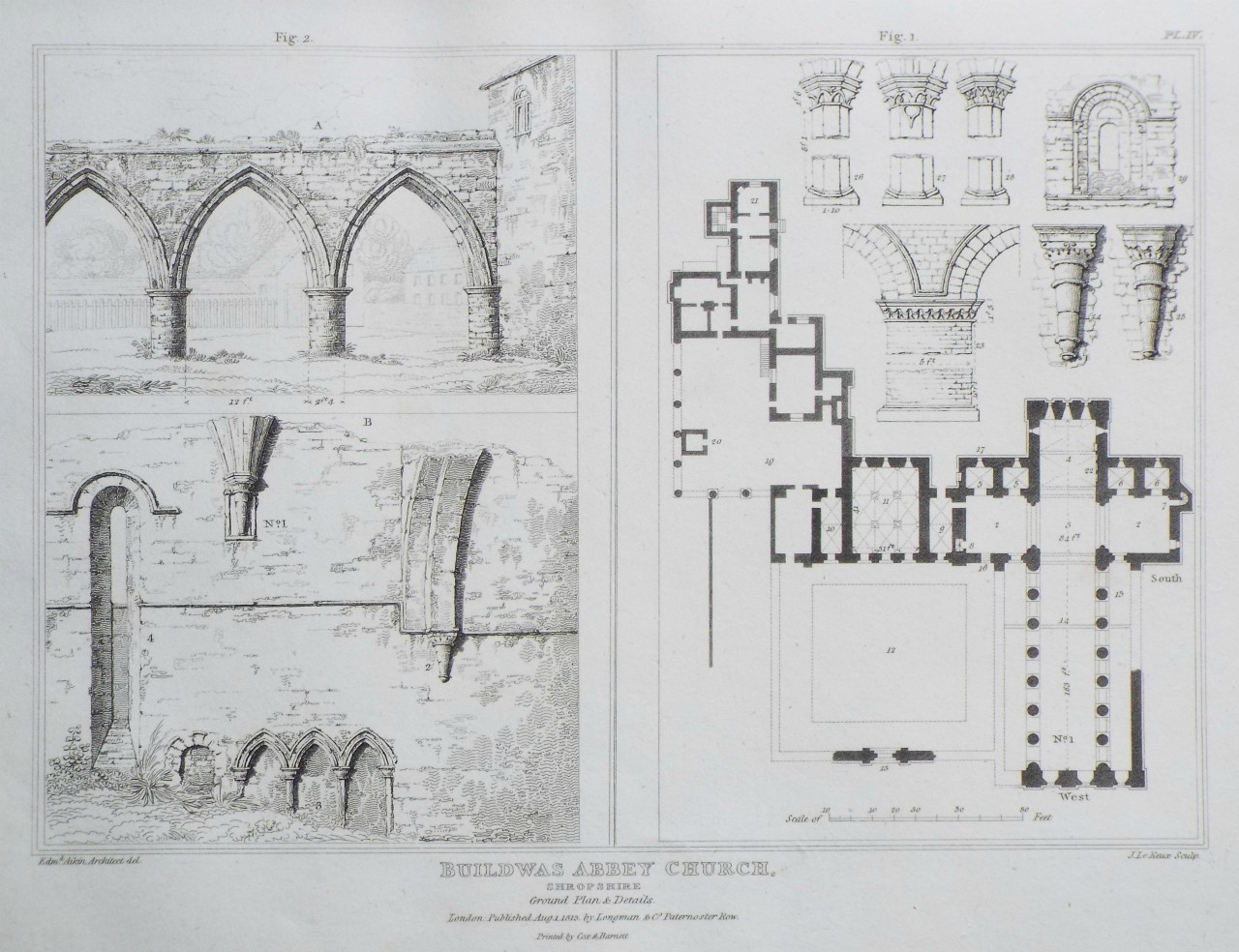 Print - Buildwas Abbey-Church: Shropshire. Ground Plan & Details. - Le
