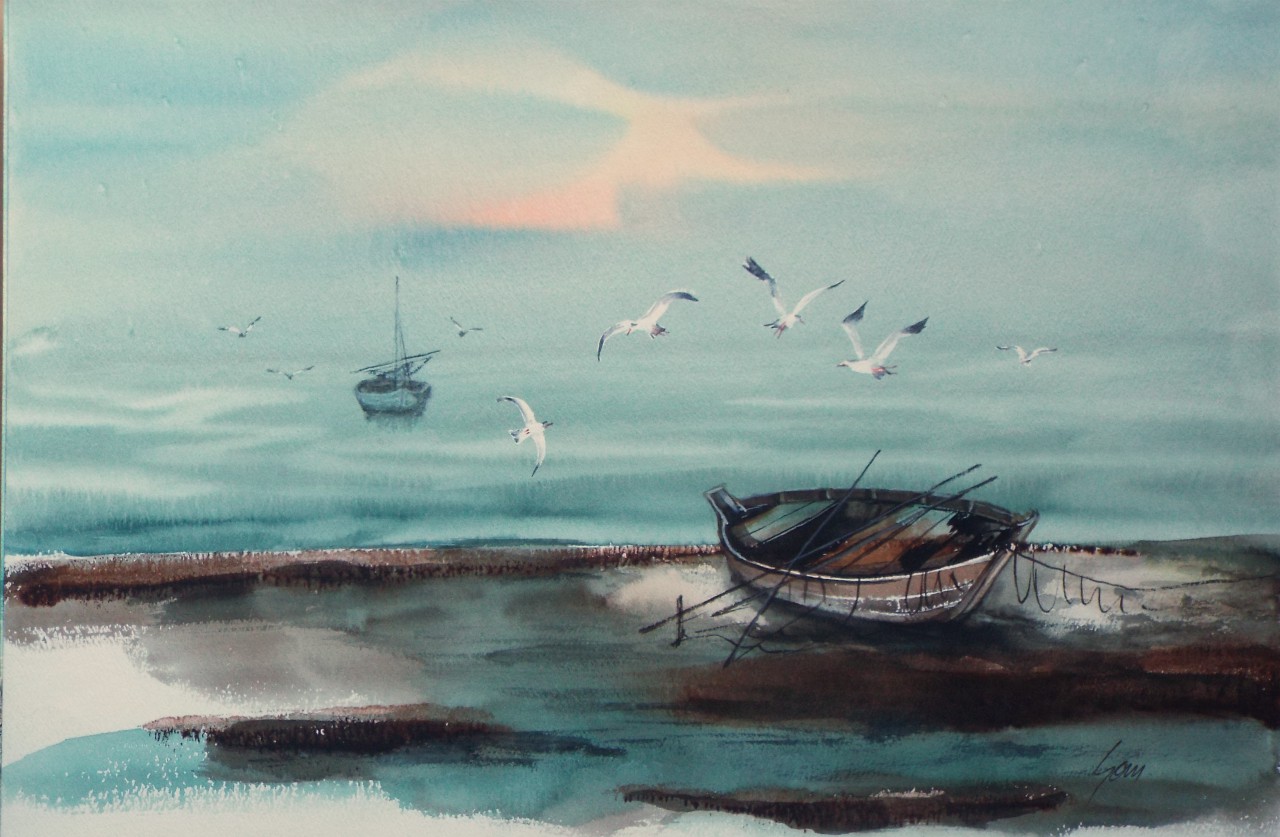 Watercolour - Oriental coastal landscape