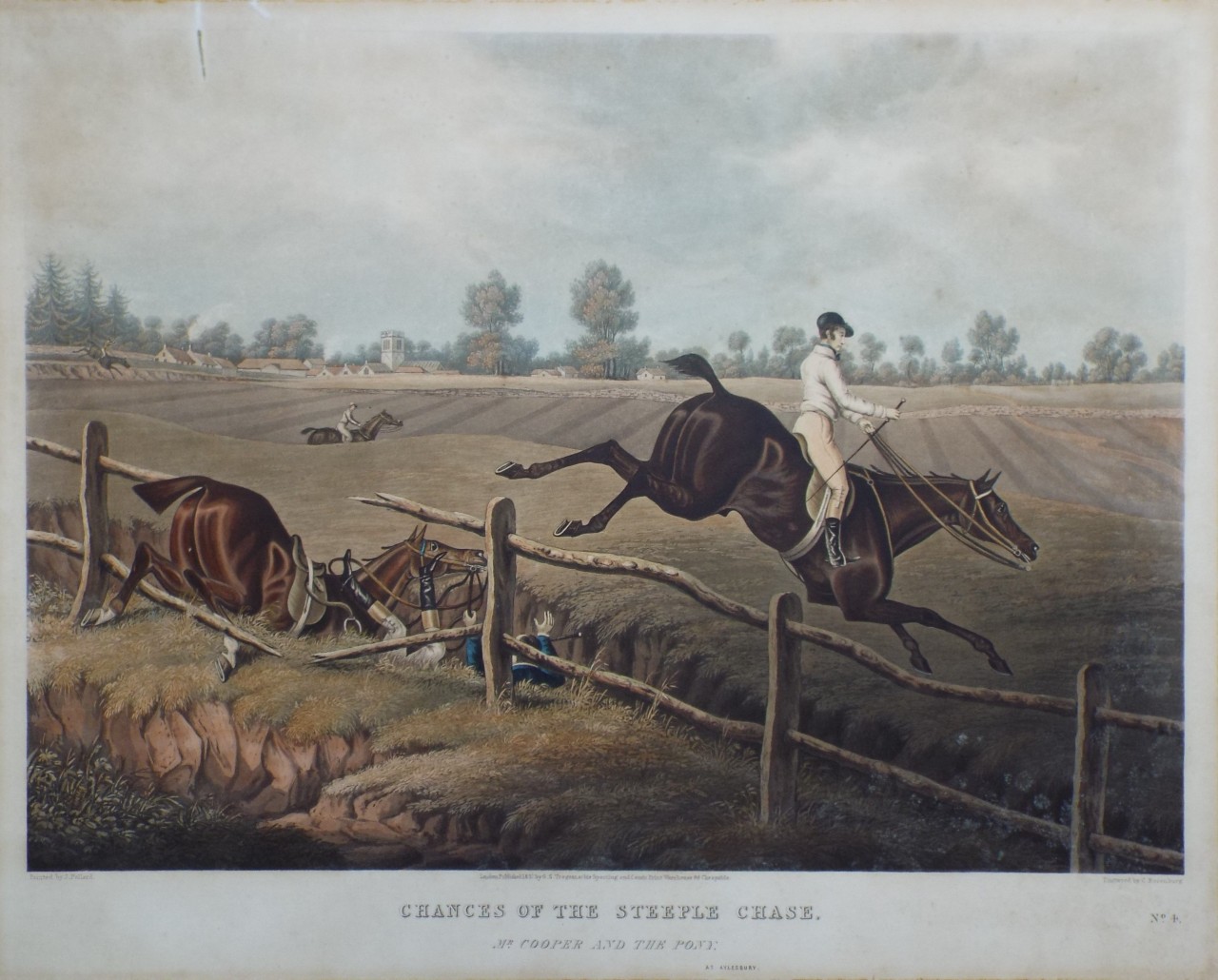 Aquatint - Chances of the Steeple Chase. 4. Mr. Cooper and the Pony. at Aylesbury. - Rosenburg