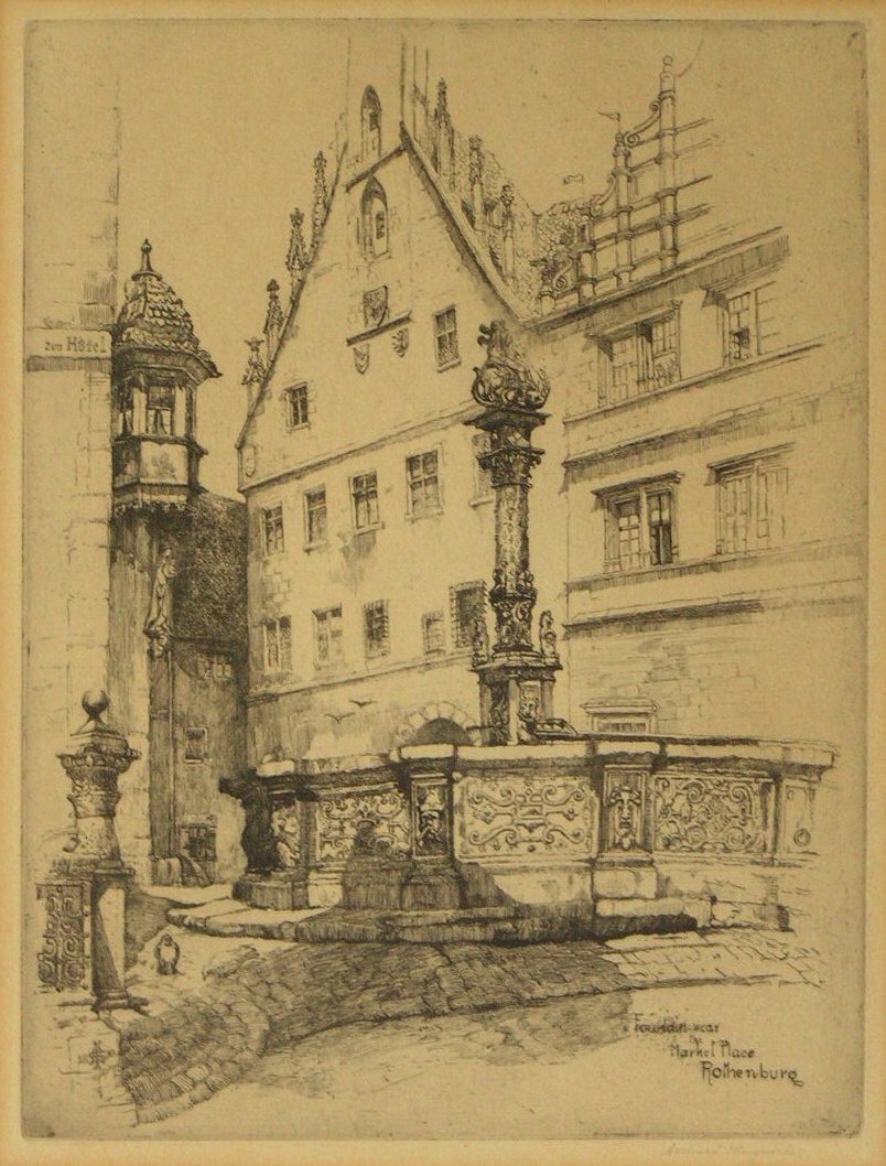 Etching - Fountain near the Market Place Rothenburg - Illingworth