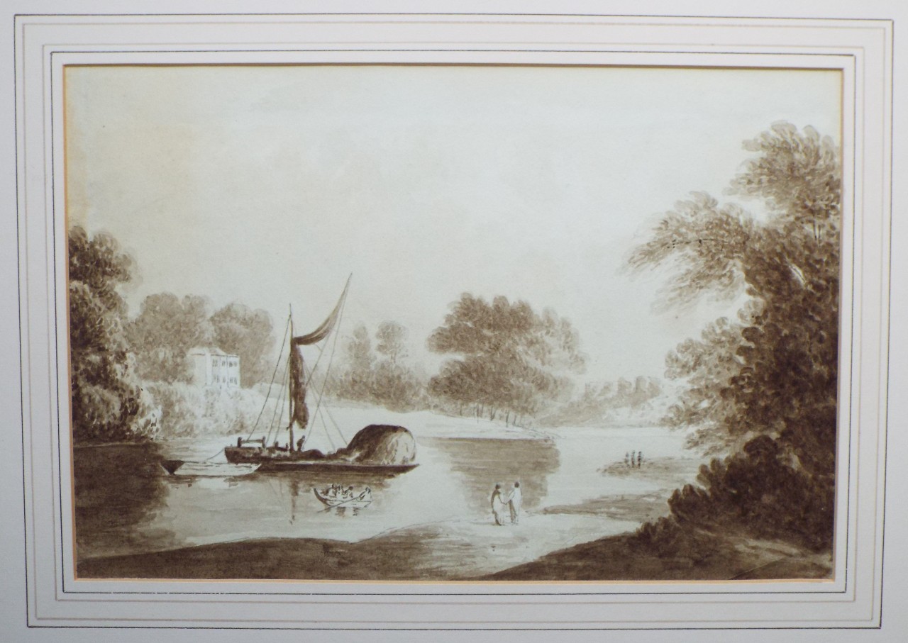 Pencil drawing - River scene with barge - possibly the Thames near Richmond