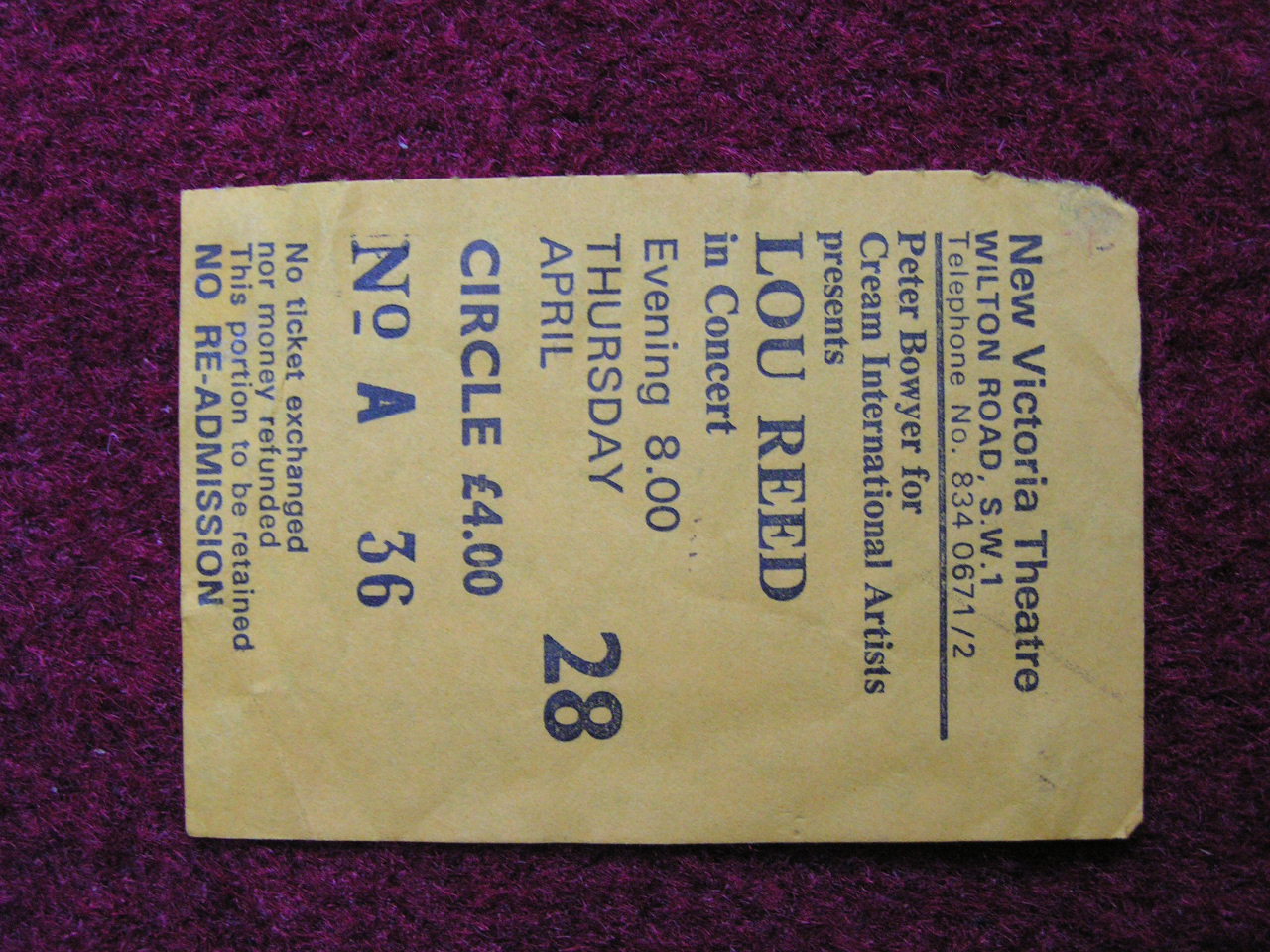 Ticket Stub - Lou Reed New Victoria THeatre Thu Apr 28 77