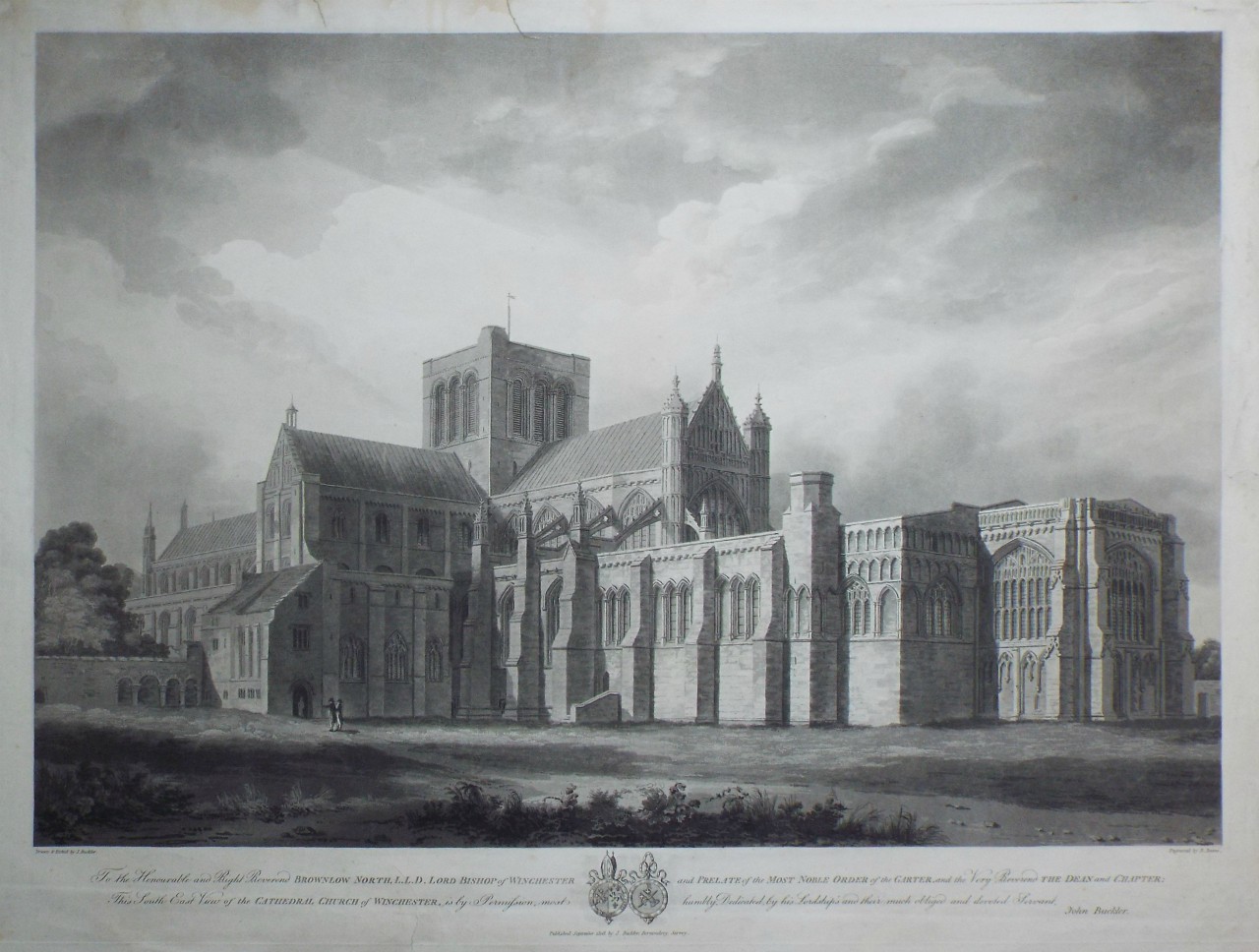 Aquatint - South East View of the Cathedral Church of Winchester. - Reeve