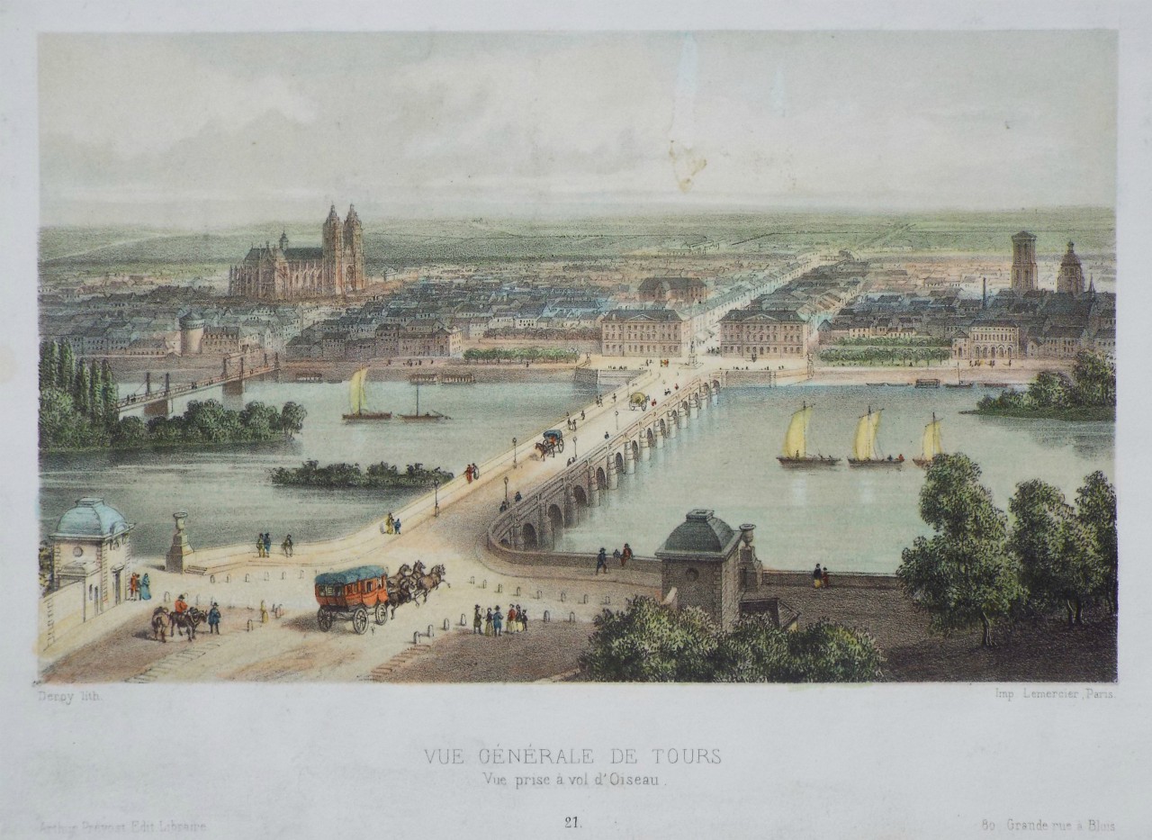 Lithograph - Vue Generale de Tours Vue prise a vol d'Oiseau - 