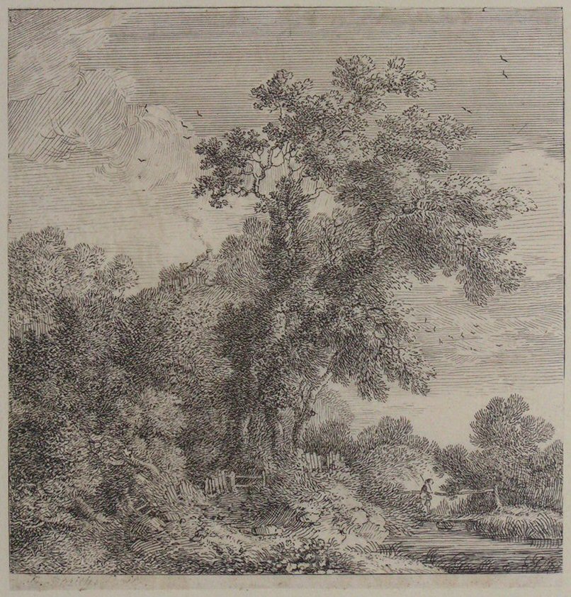 Print - (Woodland lndscape with man on a foot bridge to the right) - Smith