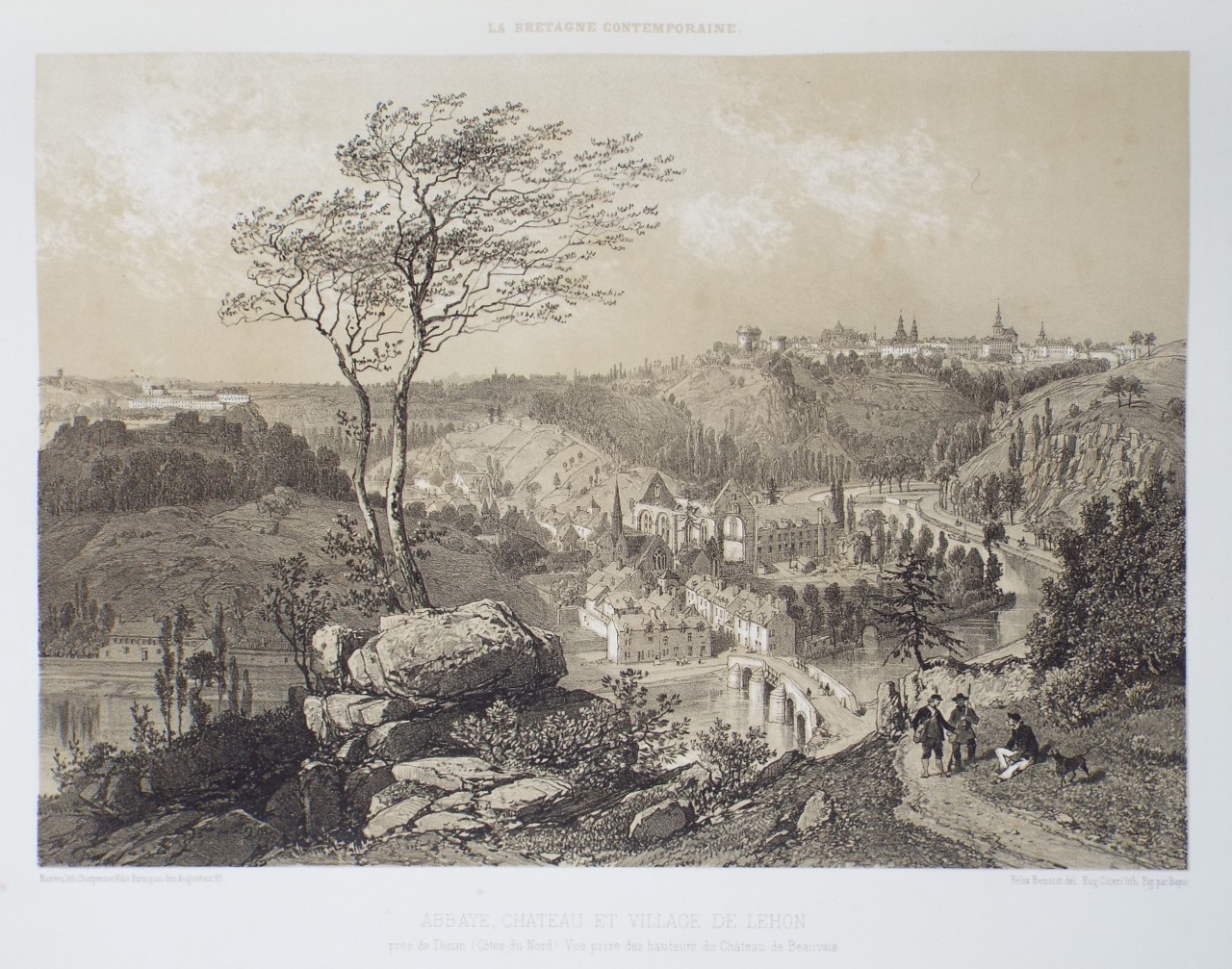 Lithograph - Abbaye, Chateau et Village de Lehon pres de Dinan (Cotes-du-Nord) Vue prise des hauteurs du Chateau de Beauvais - Ciceri
