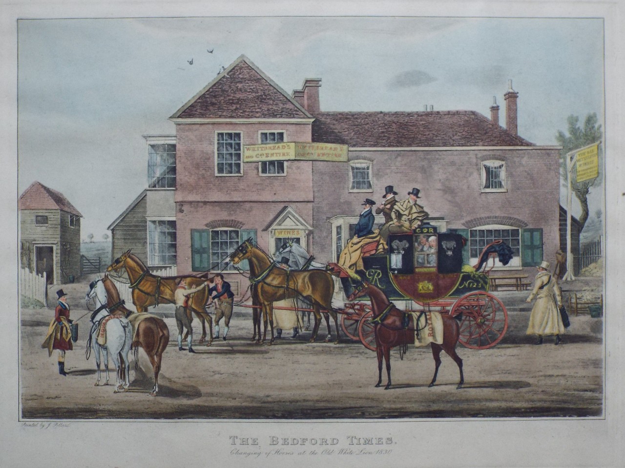 Aquatint - The Bedford Times. Changing of Horses at the Old White Hart Inn 1830