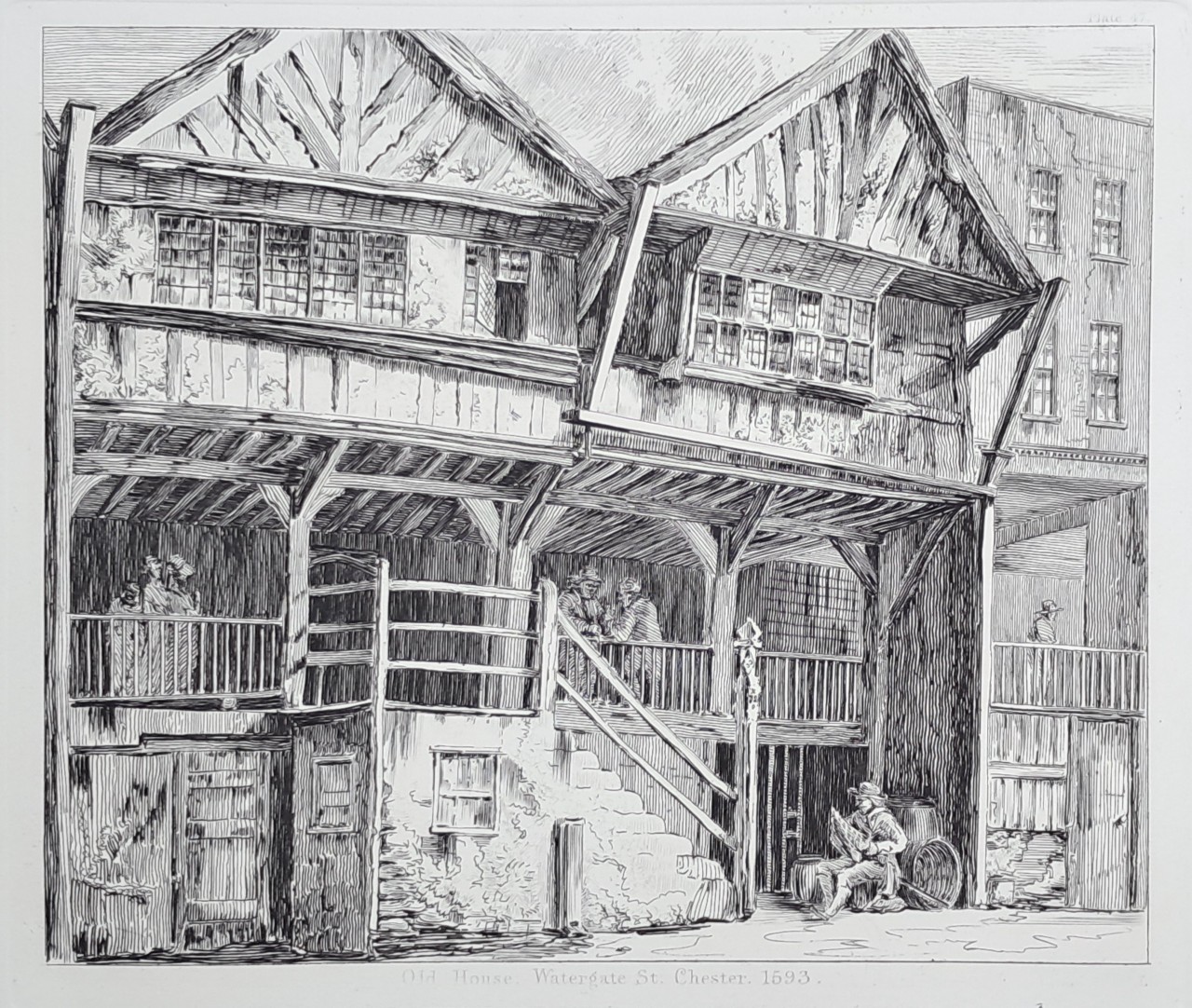 Etching - Old House, Watergate Street, Chester. 1593. - Cuitt