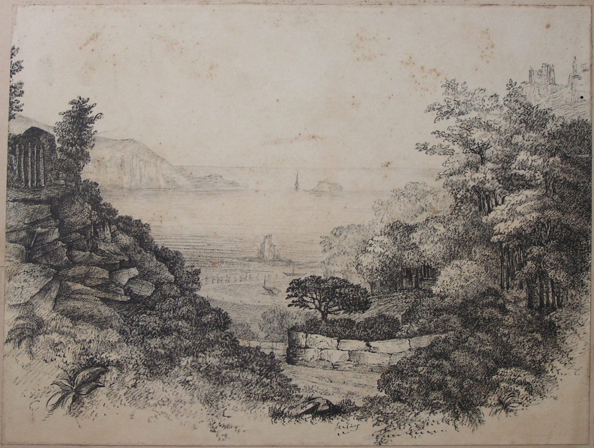 Pen & Ink - (Bay with tree covered cliffs)