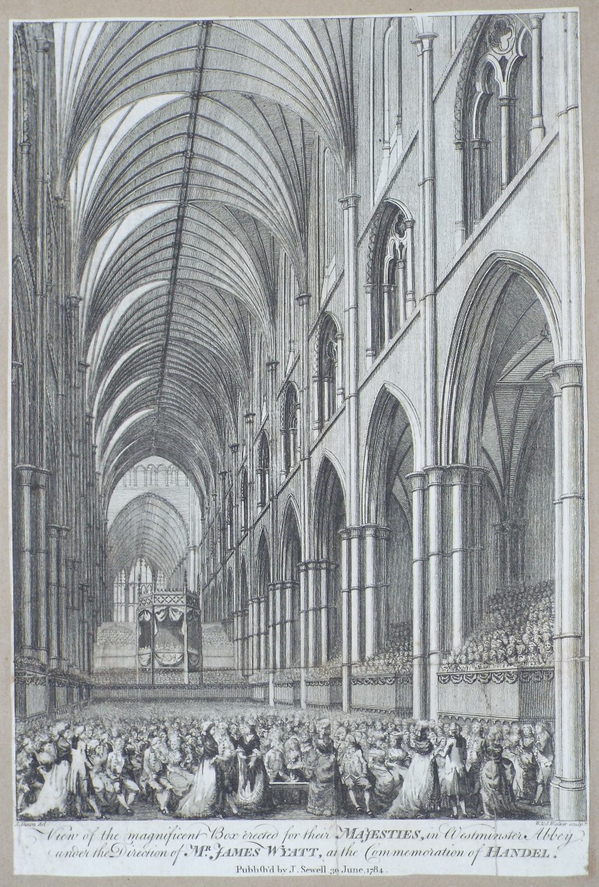 Print - View of the magnificent Box erected to their Majesties, in Westminster Abbey under the Direction of  Mr. James Wyatt, at the Commemoration of Handel. - Walker