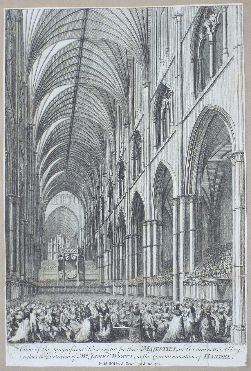 Print - View of the magnificent Box erected to their Majesties, in Westminster Abbey under the Direction of  Mr. James Wyatt, at the Commemoration of Handel. - Walker