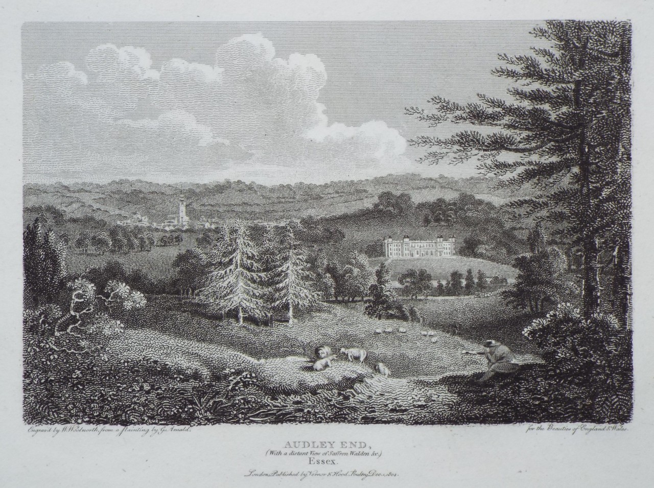 Print - Audley End, (With a distant view of Saffron Walden &c.) Essex. - Woolnoth