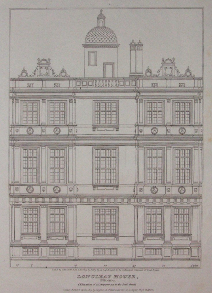 Print - Longleat House, Wiltshire. Elevation of a Compartment in the South front. - Rosse