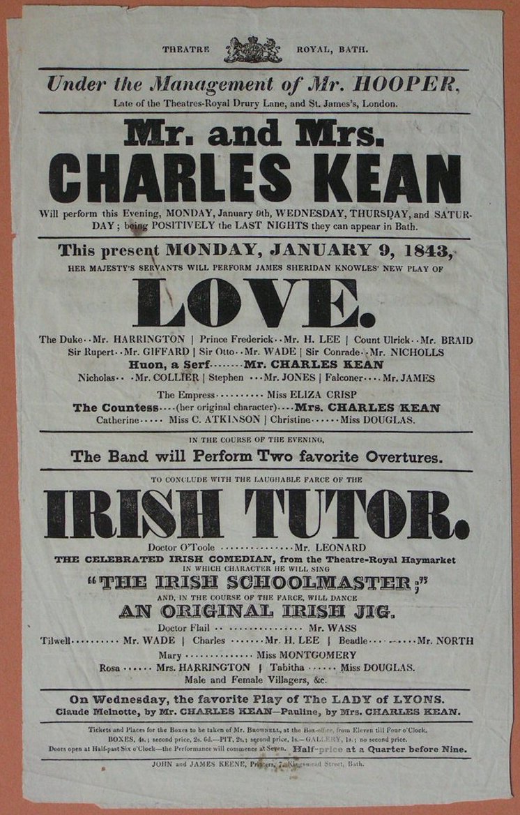 Letterpress - Theatre Royal poster: Mr & Mrs Charles Kean etc etc
