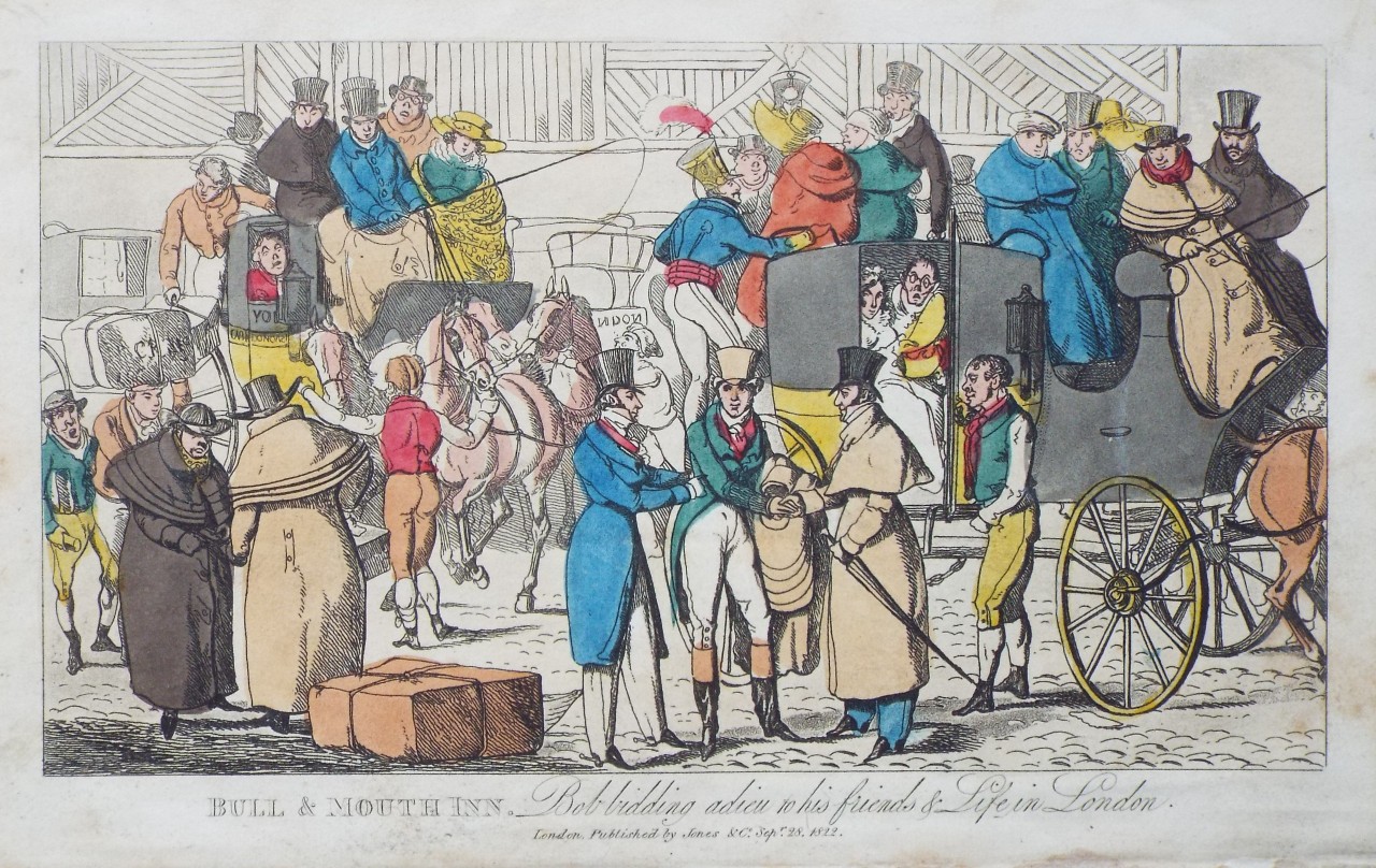 Aquatint - Bull & Mouth Inn. Bob bidding adieu to his friends & Life in London.