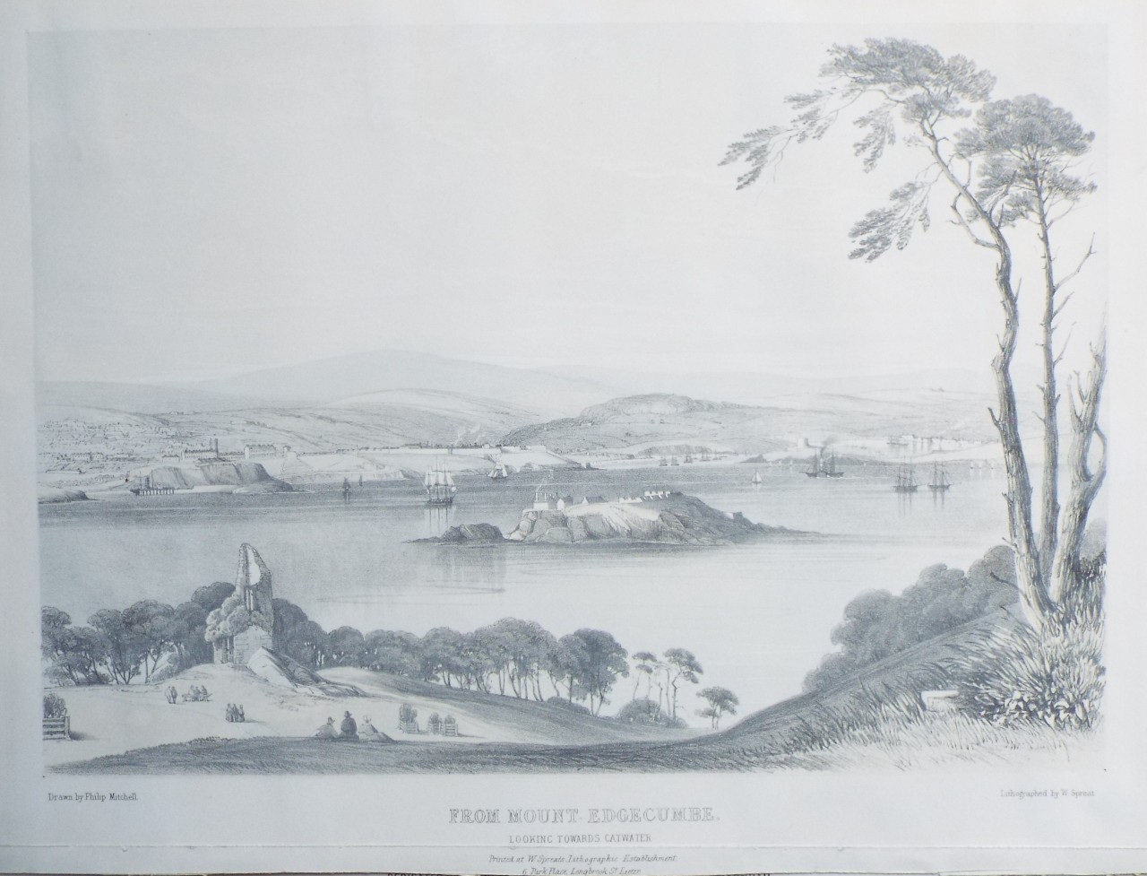 Lithograph - From Mount Edgcumbe, looking towards Catwater - Spreat