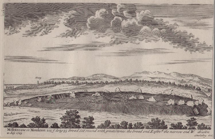 Print - Millbarrow in Monkton 215 f long 55 broad set round with great stones, the broadend Eastrd the narrow end W. drawn 10 July 1723...