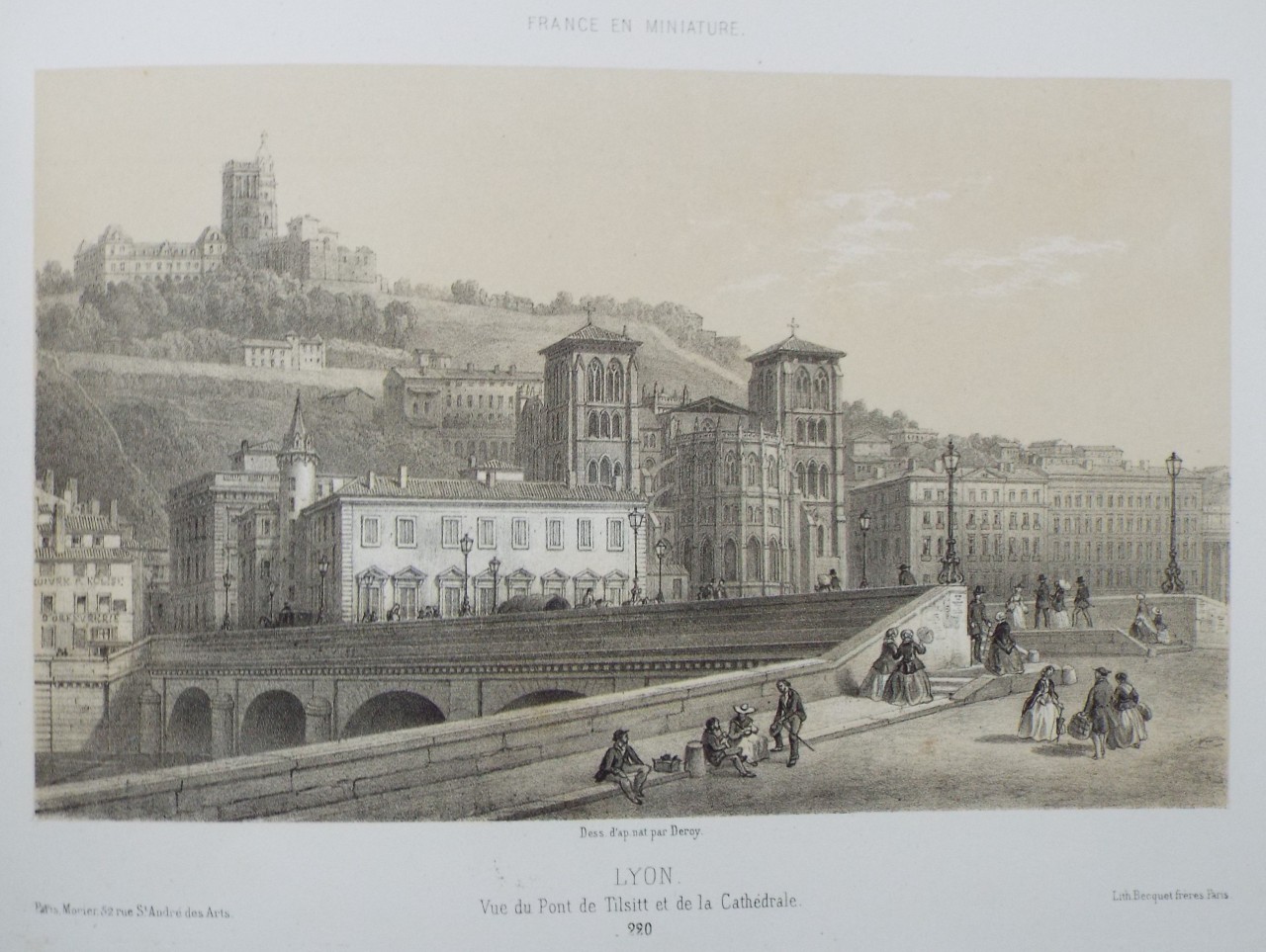 Lithograph - Lyon. Vue du Pont de Tilsitt et de la Cathedrale. - 